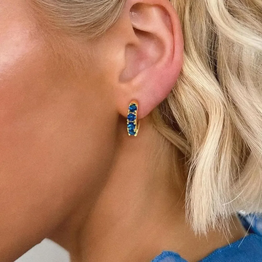 14K Yellow Gold 925 Sterling Silver Blue Sapphire Cubic Zirconia Huggie Earrings